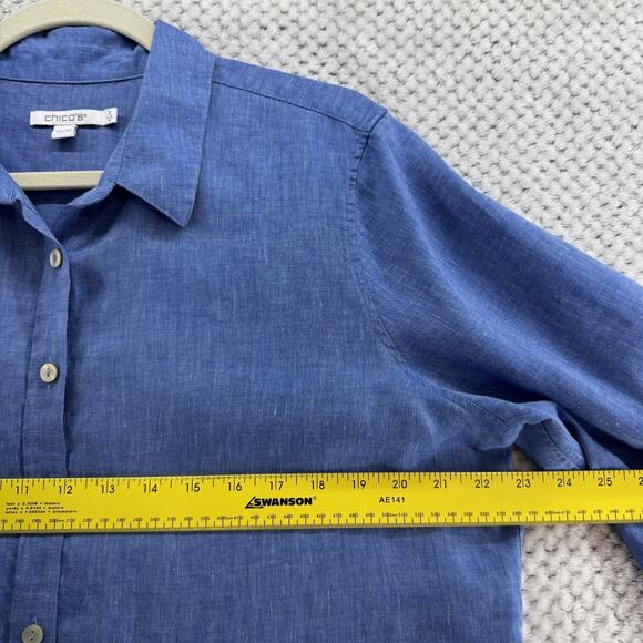 Chicos Top Womens 2 US12 Blue Linen Chambray Button Front 3/4 Sleeves Casual - Picture 11 of 12